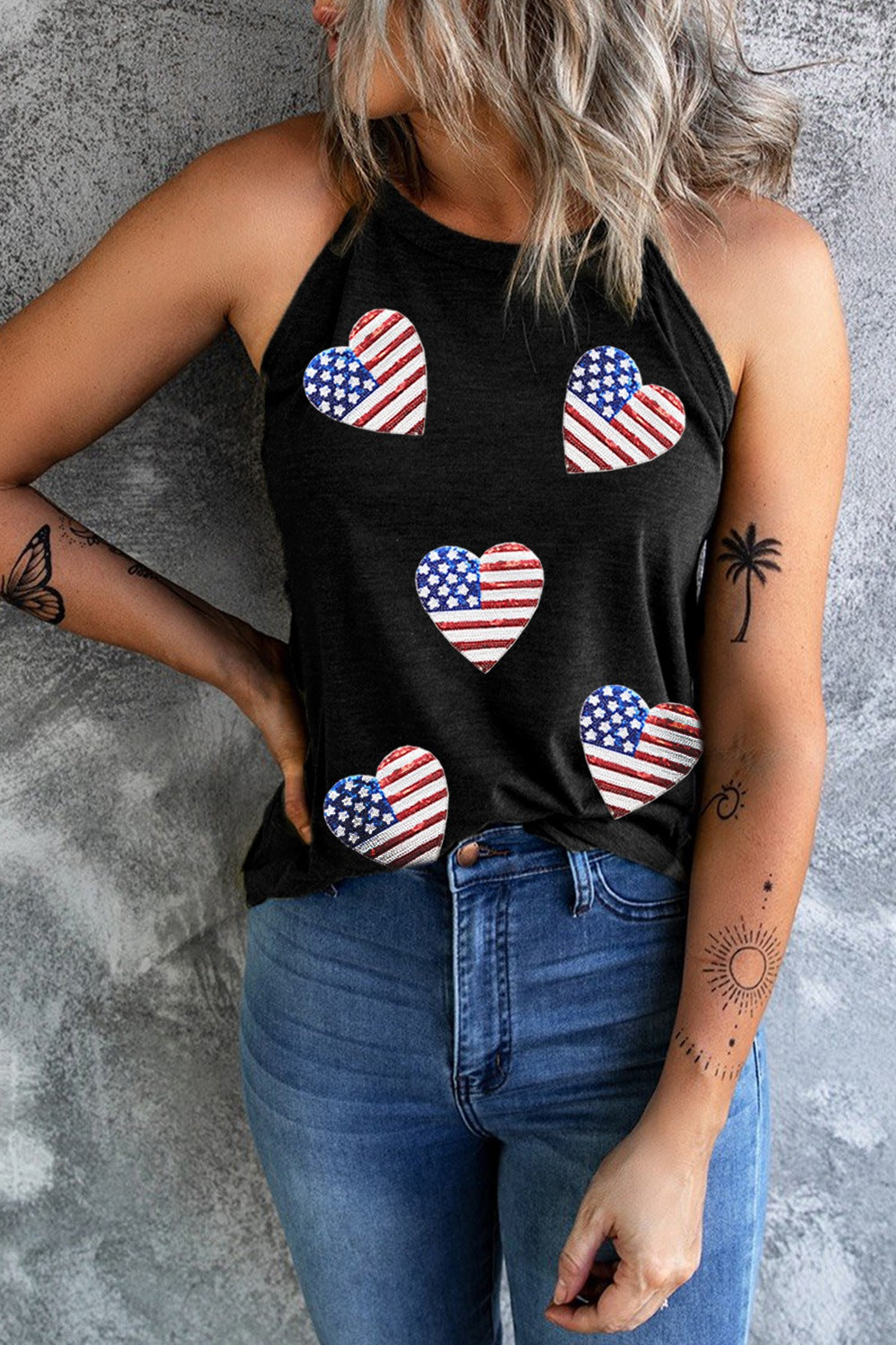 Heart US Flag Round Neck Tank - T - 1 COLOR -