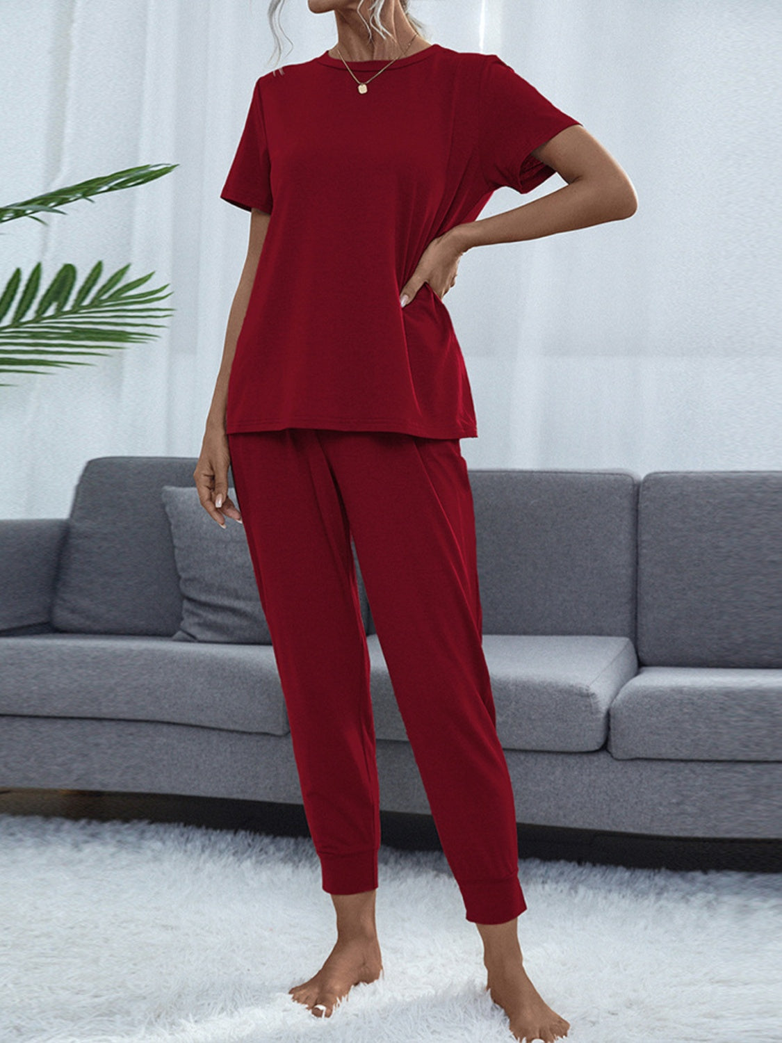 Round Neck Top and Pants Lounge Set - 2 PCS. - T - 2 COLORS -