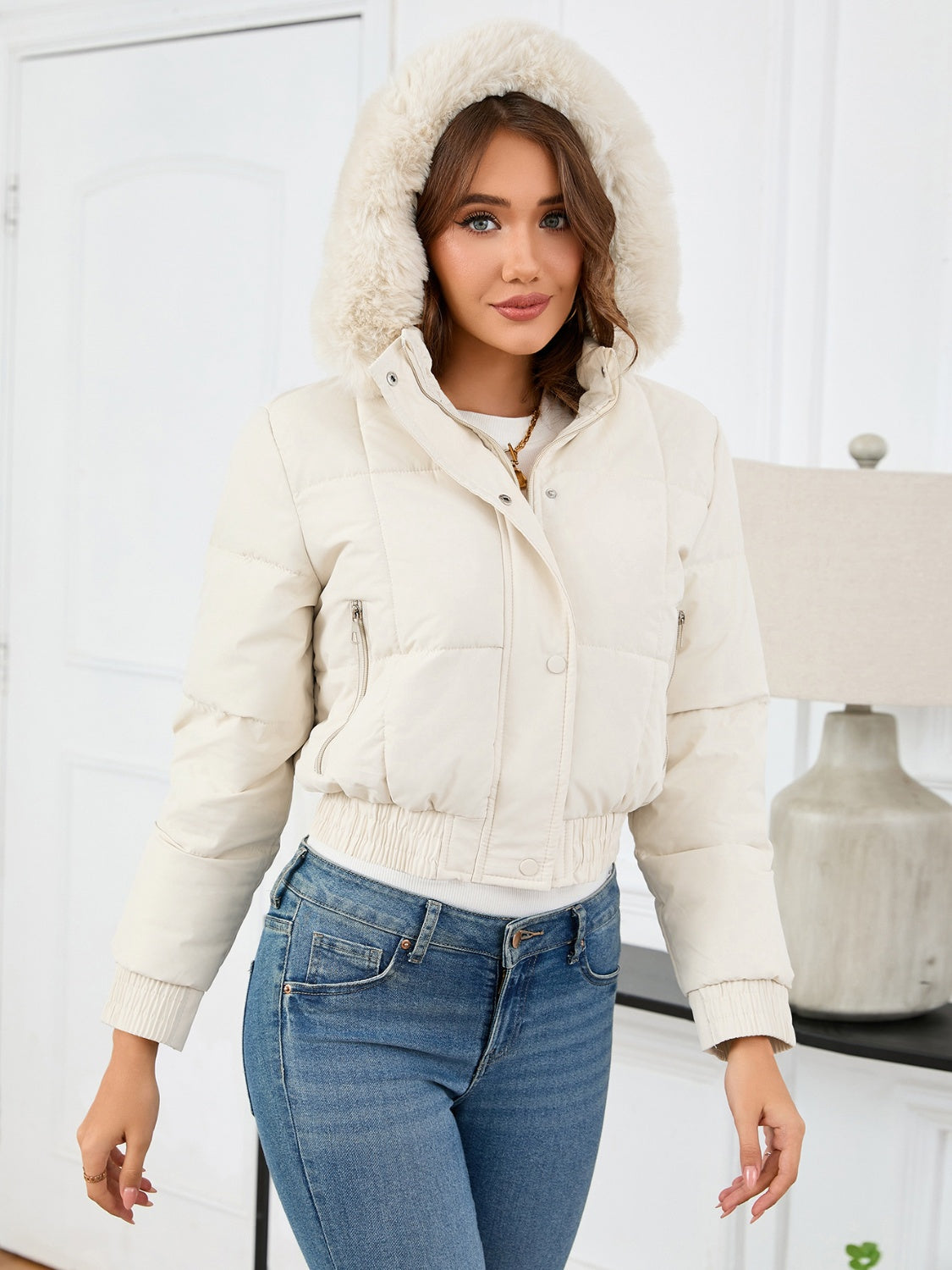 Pocketed Long Sleeve Cropped Hooded Winter Coat - T - 4 COLORS -