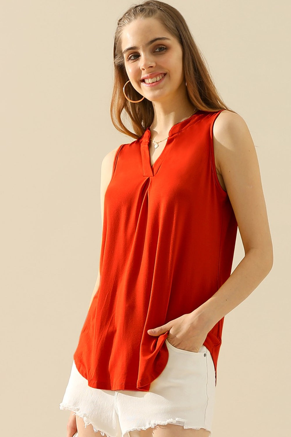 Ninexis Full Size Notched Sleeveless Top - T - 10 COLORS -