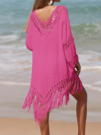 Thumbnail for Cutout Fringe Scoop Neck Cover-Up - 1 SIZE FITS ALL - T - 5 COLORS -