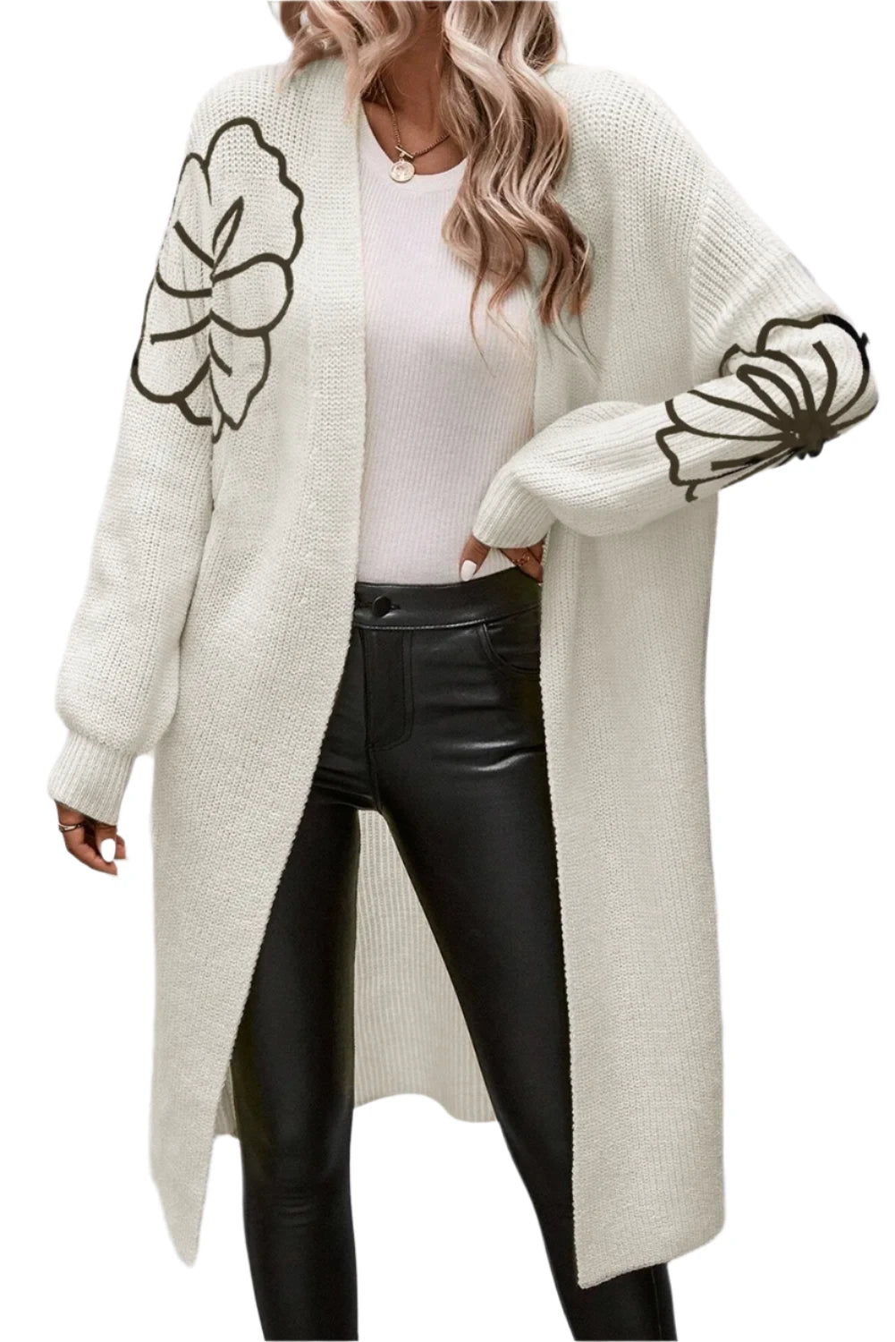 Full Size Flower Open Front Long Sleeve Cardigan - T - 1 COLOR -