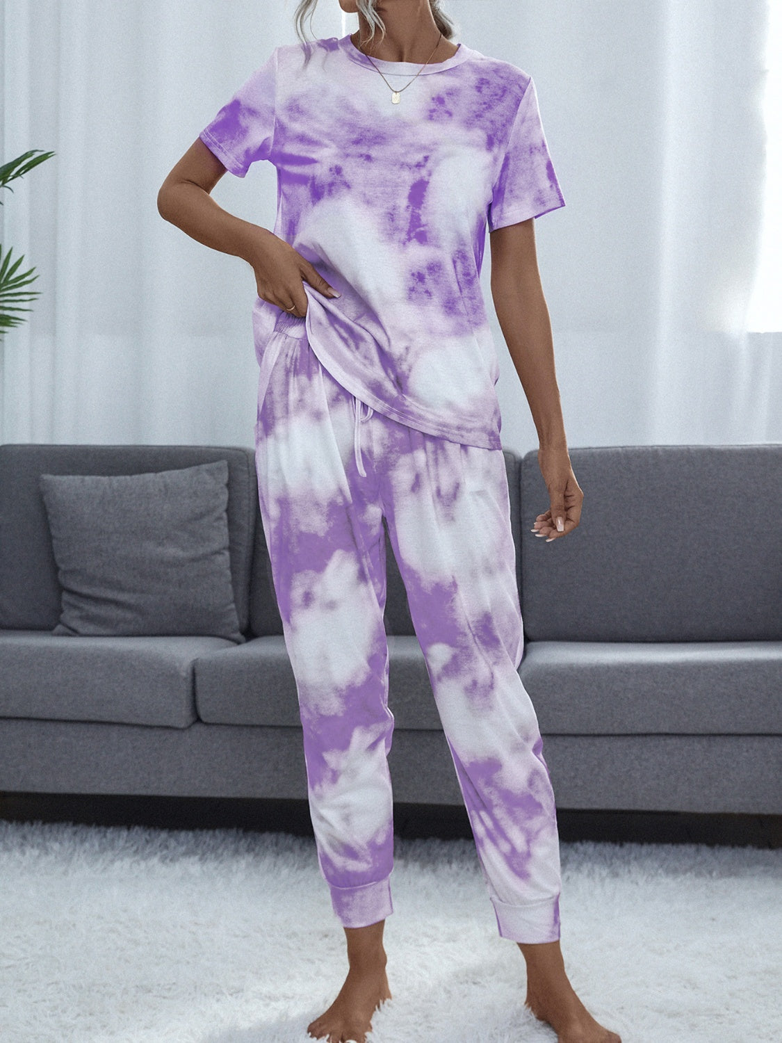 Tie-Dye Round Neck Top and Pants Lounge set - 2 PCS - T - 2 COLORS -