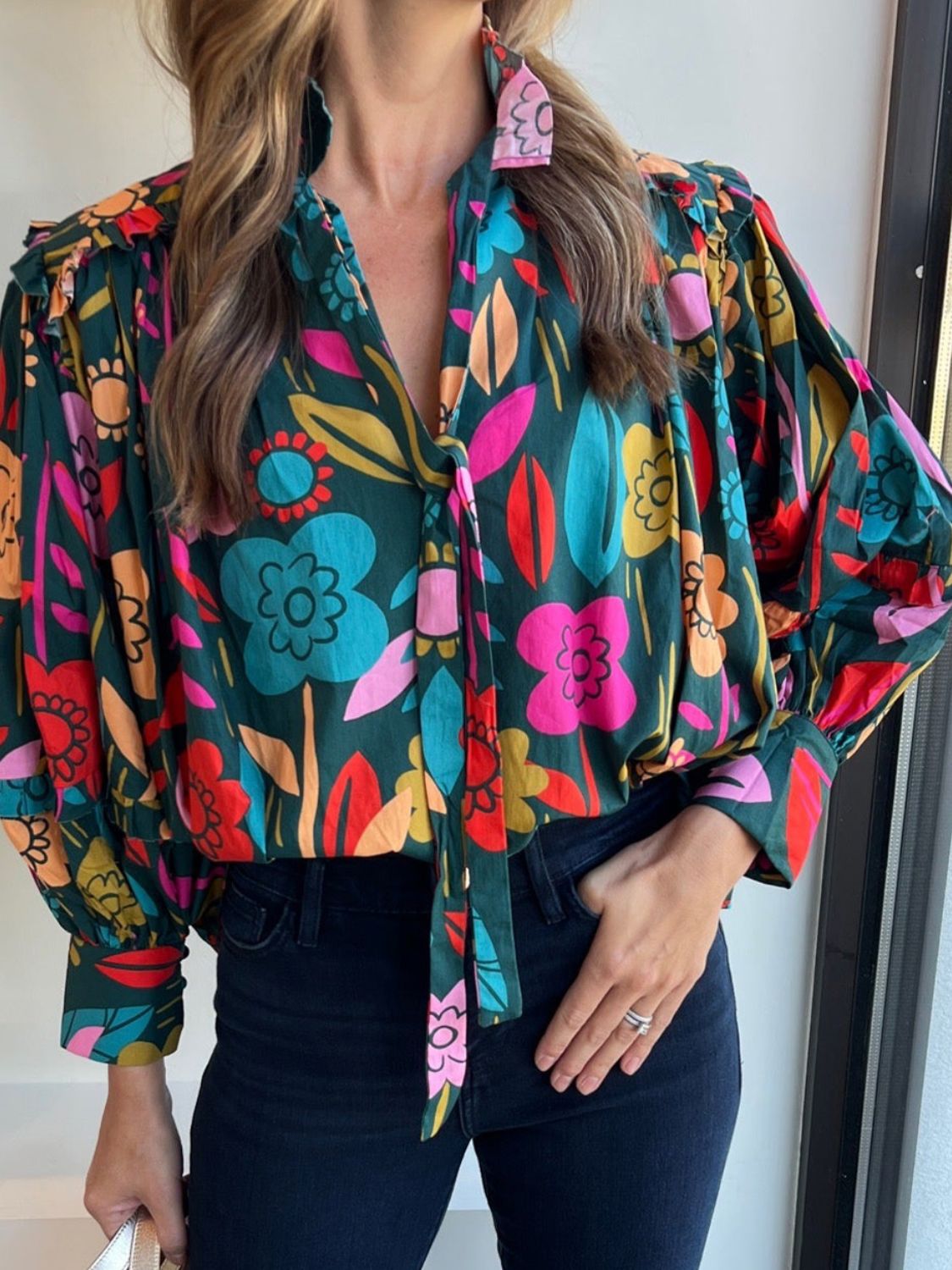 Printed Lantern Sleeve Blouse - T - 1 COLOR -