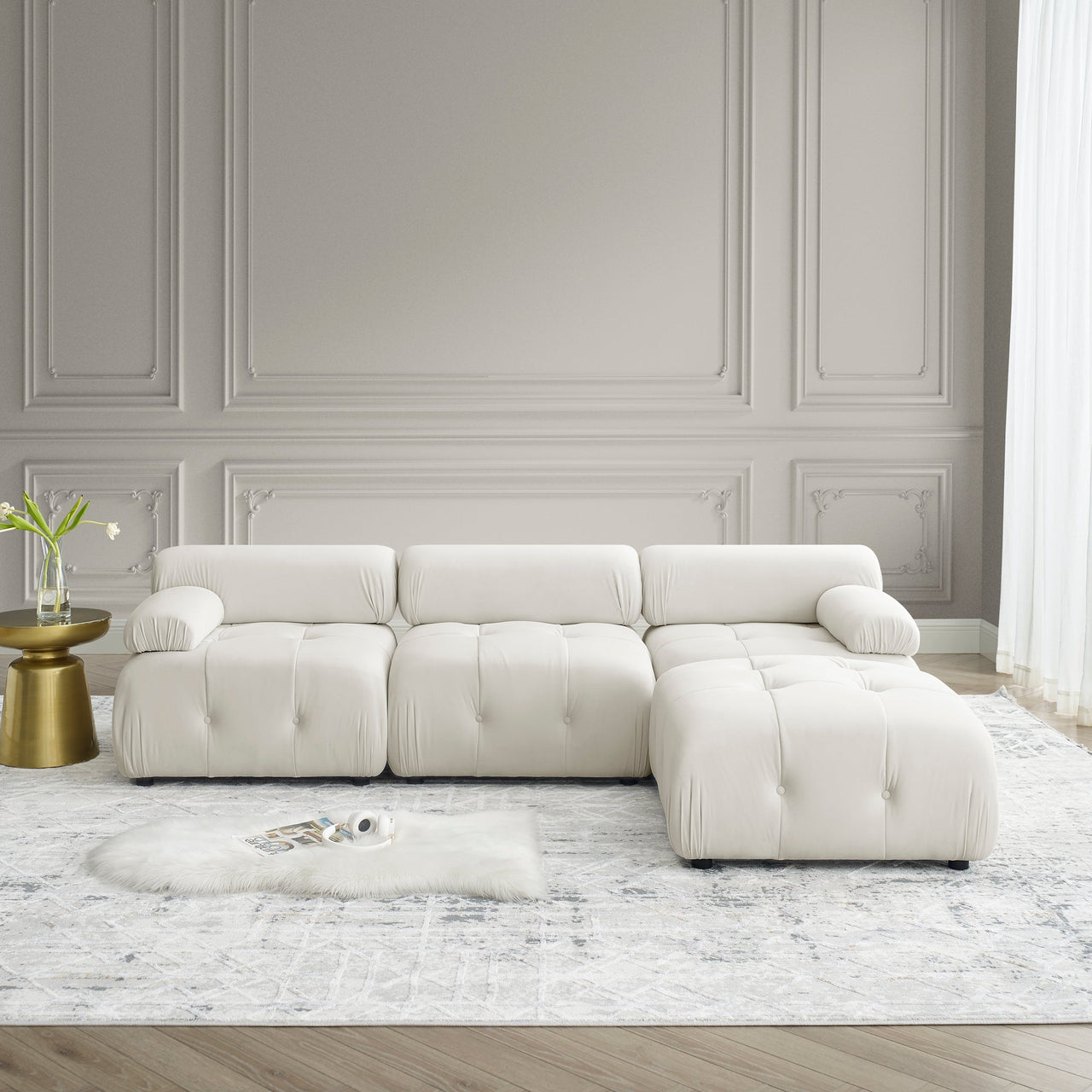 Modular Sectional Sofa, Button Tufted Designed and DIY Combination,L Shaped Couch With Reversible Ottoman, Beige Velvet