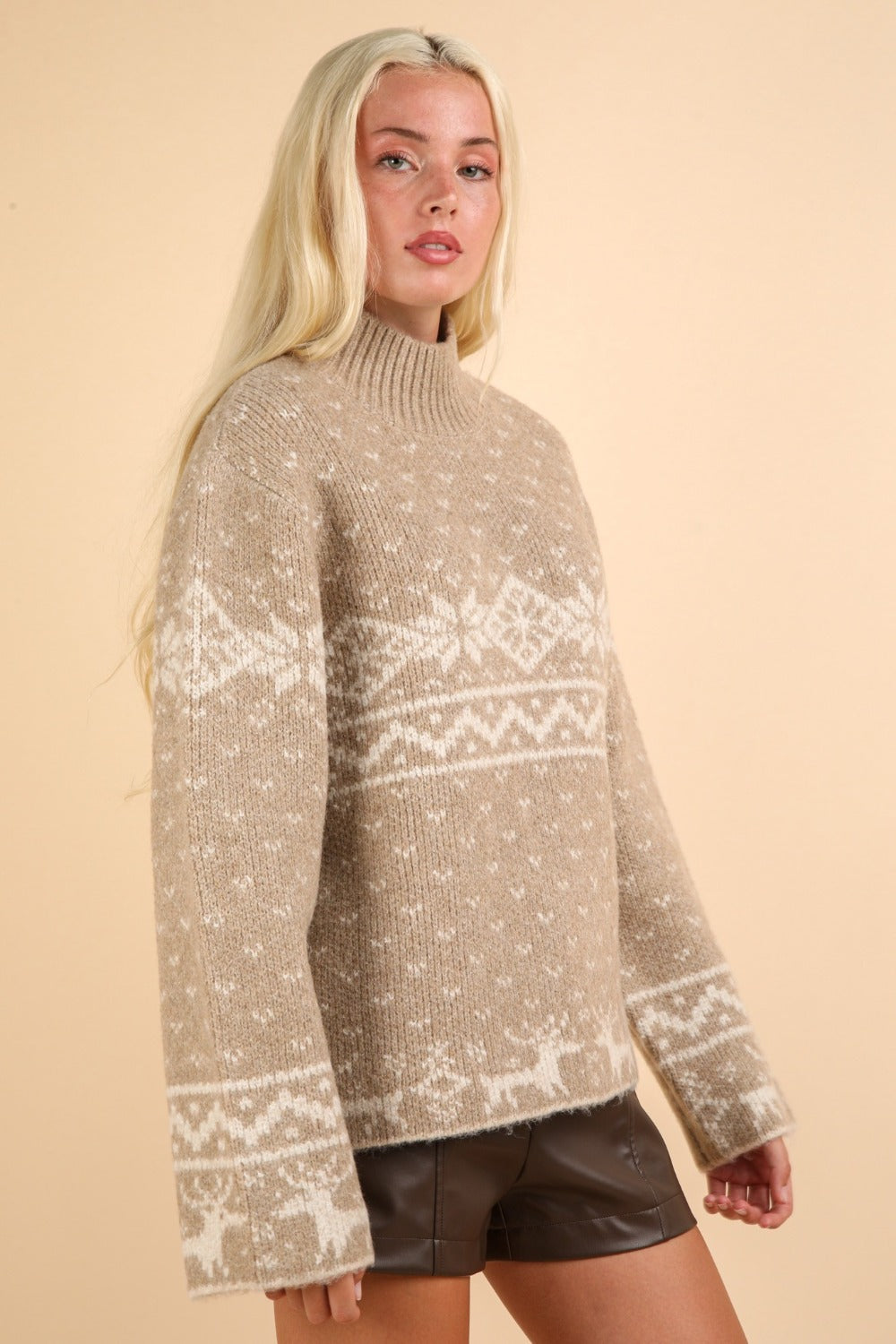 VERY J Christmas Element Mock Neck Long Sleeve Sweater - T - 1 COLOR -