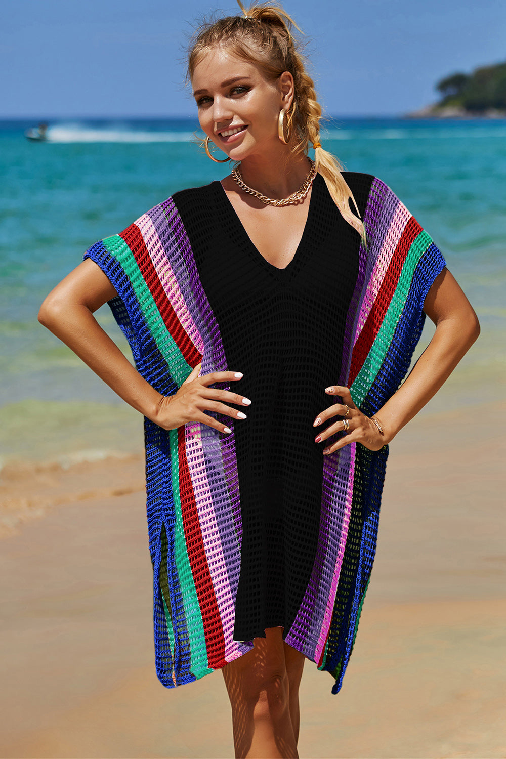 Openwork Striped Slit Knit Cover Up - 1 SIZE FITS ALL - T - 4 COLORS -