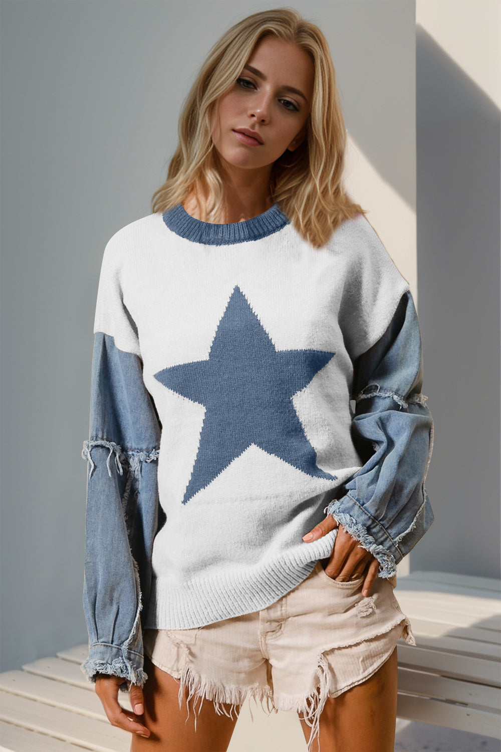 Double Take Star Pattern Raw Edge Long Sleeve Sweater - T - 10 COLORS -