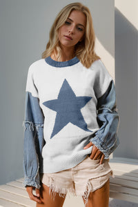 Thumbnail for Double Take Star Pattern Raw Edge Long Sleeve Sweater - T - 10 COLORS -