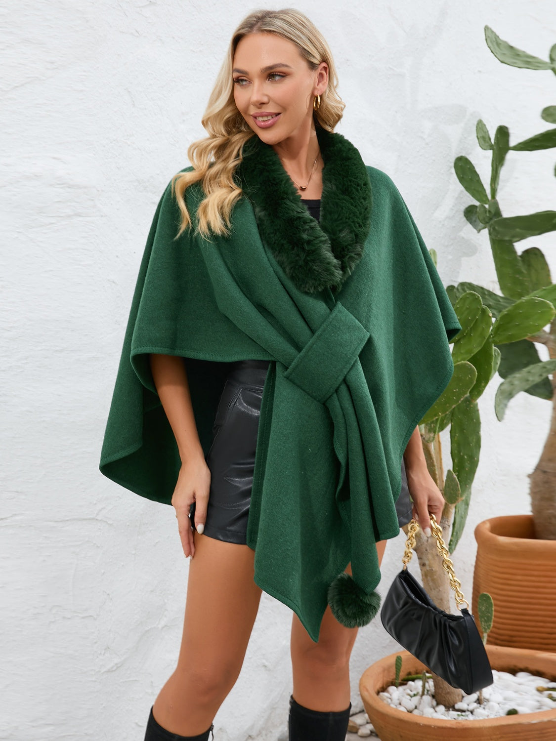 Fuzzy Trim Open Front Poncho - ONE SIZE - T - 6 COLORS -