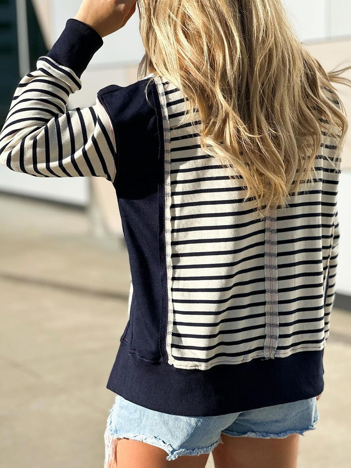 Slit Exposed Seam Striped Long Sleeve Sweatshirt - T - 8 COLORS -