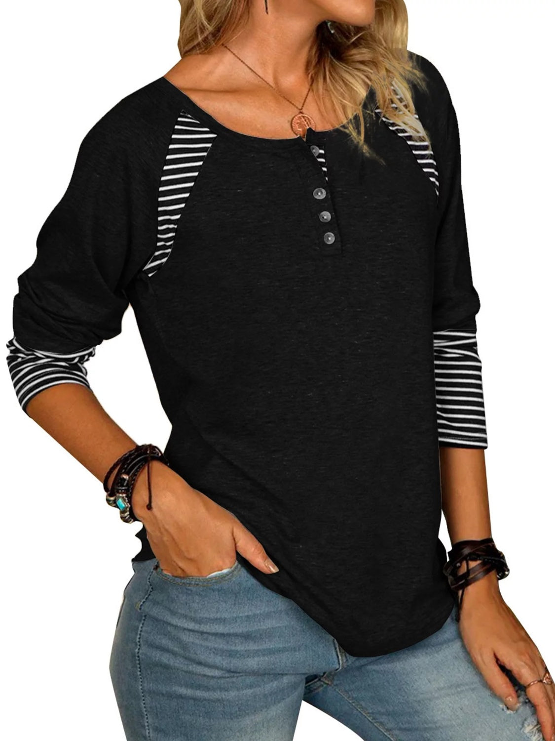 Full Size Striped Quarter Button Long Sleeve T-Shirt - T - 6 COLORS -