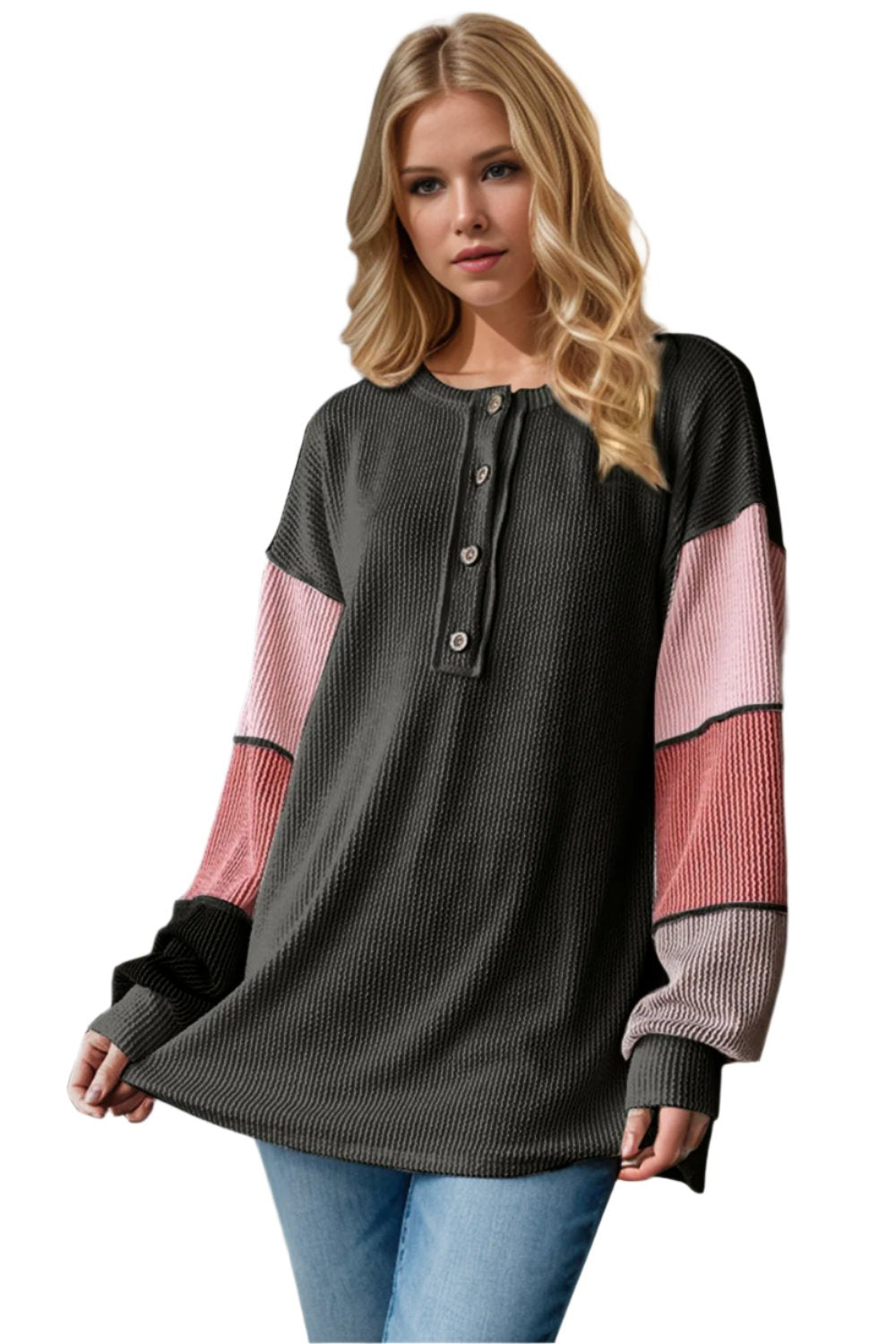 Double Take Full Size Color Block Round Neck Long Sleeve T-Shirt - T - 1 COLOR -