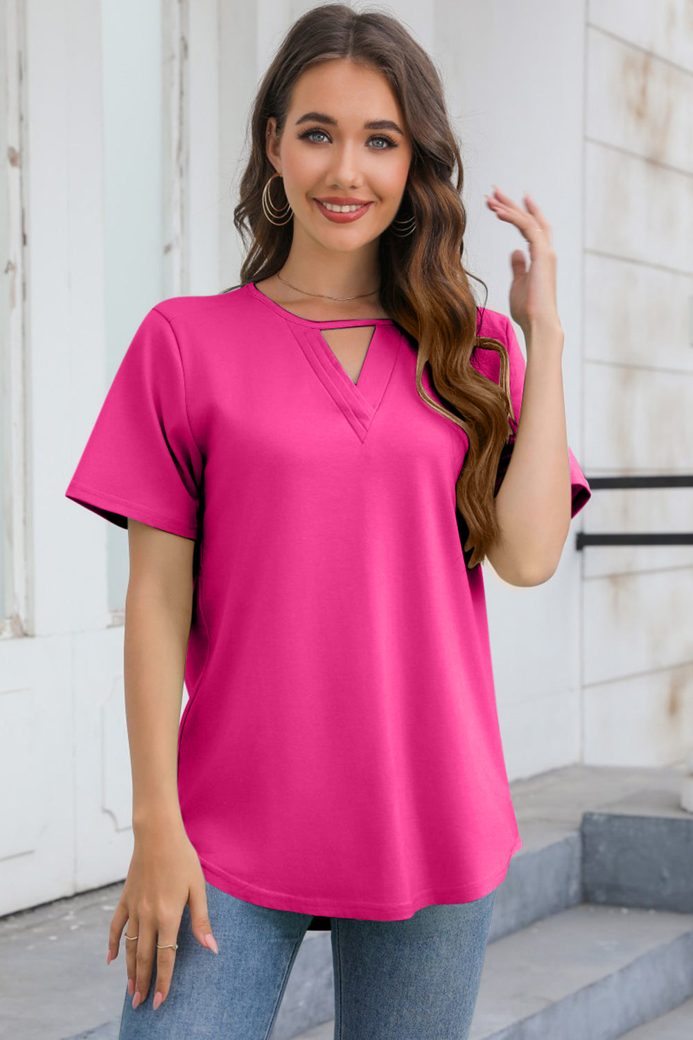 Cutout V-Neck Short Sleeve T-Shirt - T - 5 COLORS -