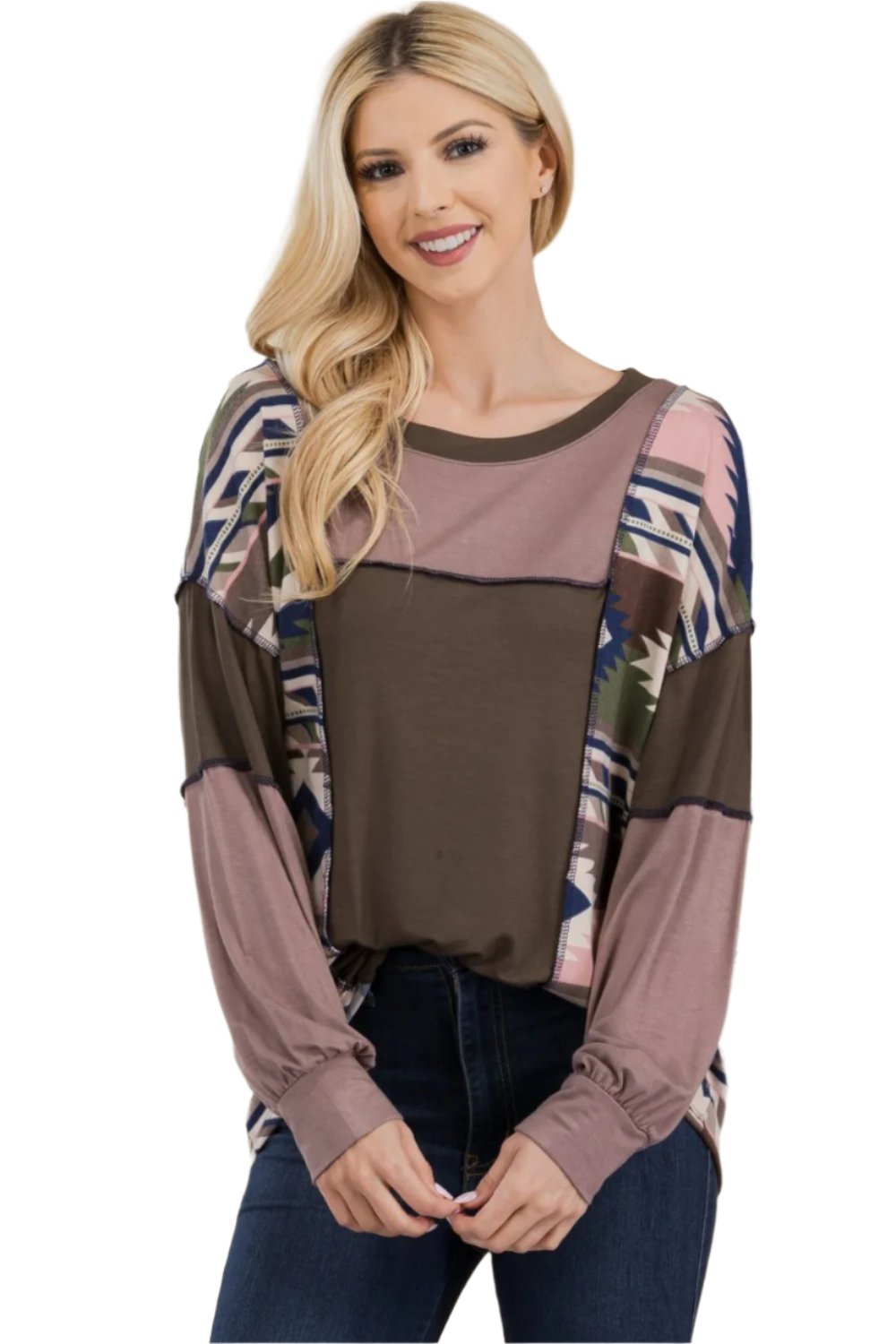 Celeste Full Size Exposed Seam Printed Color Block T-Shirt - T - 1 COLOR -