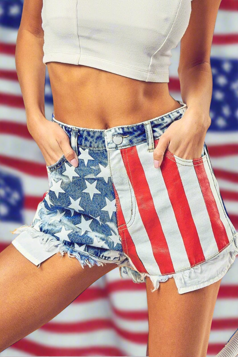 BiBi US Flag Theme Bleached Denim Shorts - T - 1 COLOR -