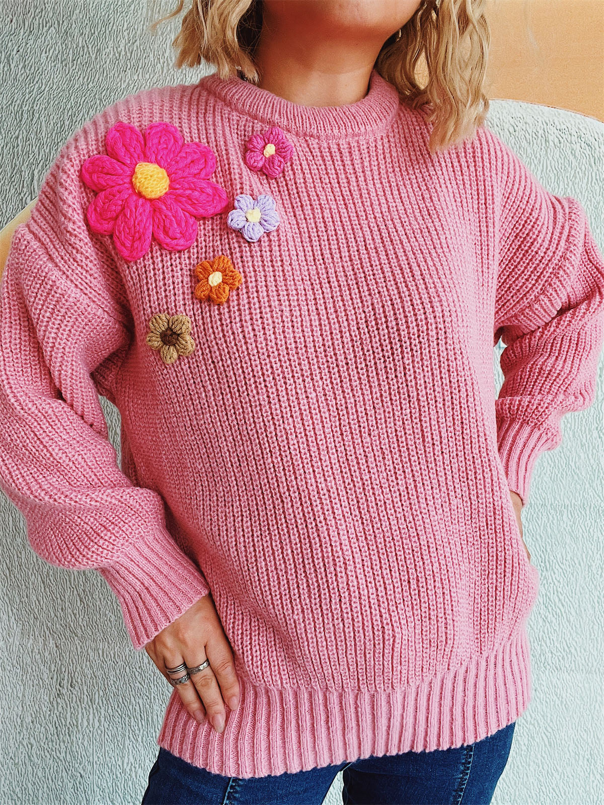 Crochet Flower Round Neck Dropped Shoulder Sweater - 1 OVERSIZE - T - 3 COLORS -