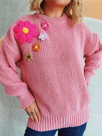 Thumbnail for Crochet Flower Round Neck Dropped Shoulder Sweater - 1 OVERSIZE - T - 3 COLORS -