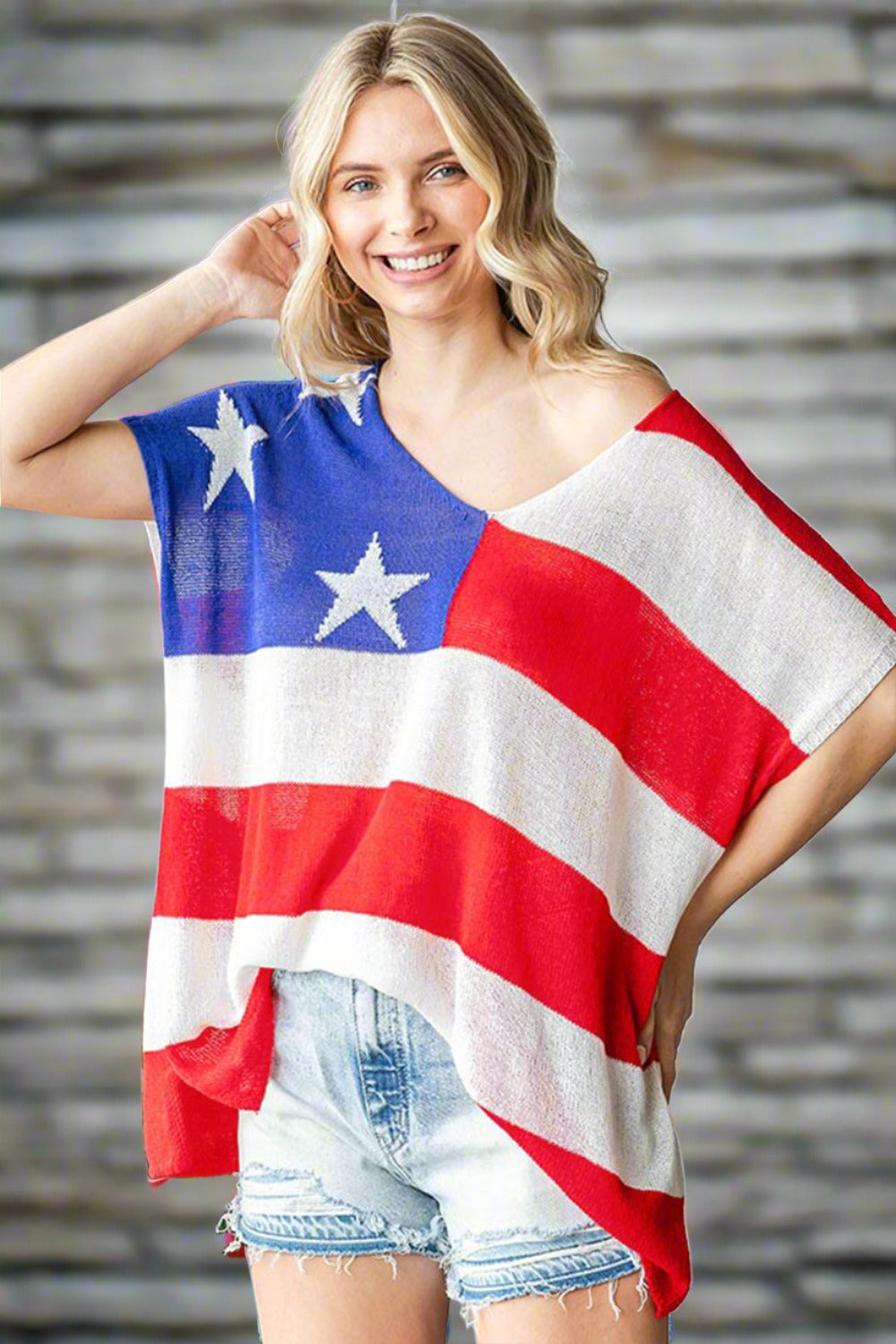 First Love Full Size USA Flag Drop Shoulder Knit Top - T - 1 COLOR -