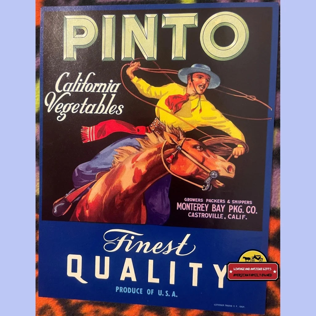 Vintage 1930s - 1940s 🤠 Pinto Crate Label, Castroville, CA, Cowboy, Rodeo