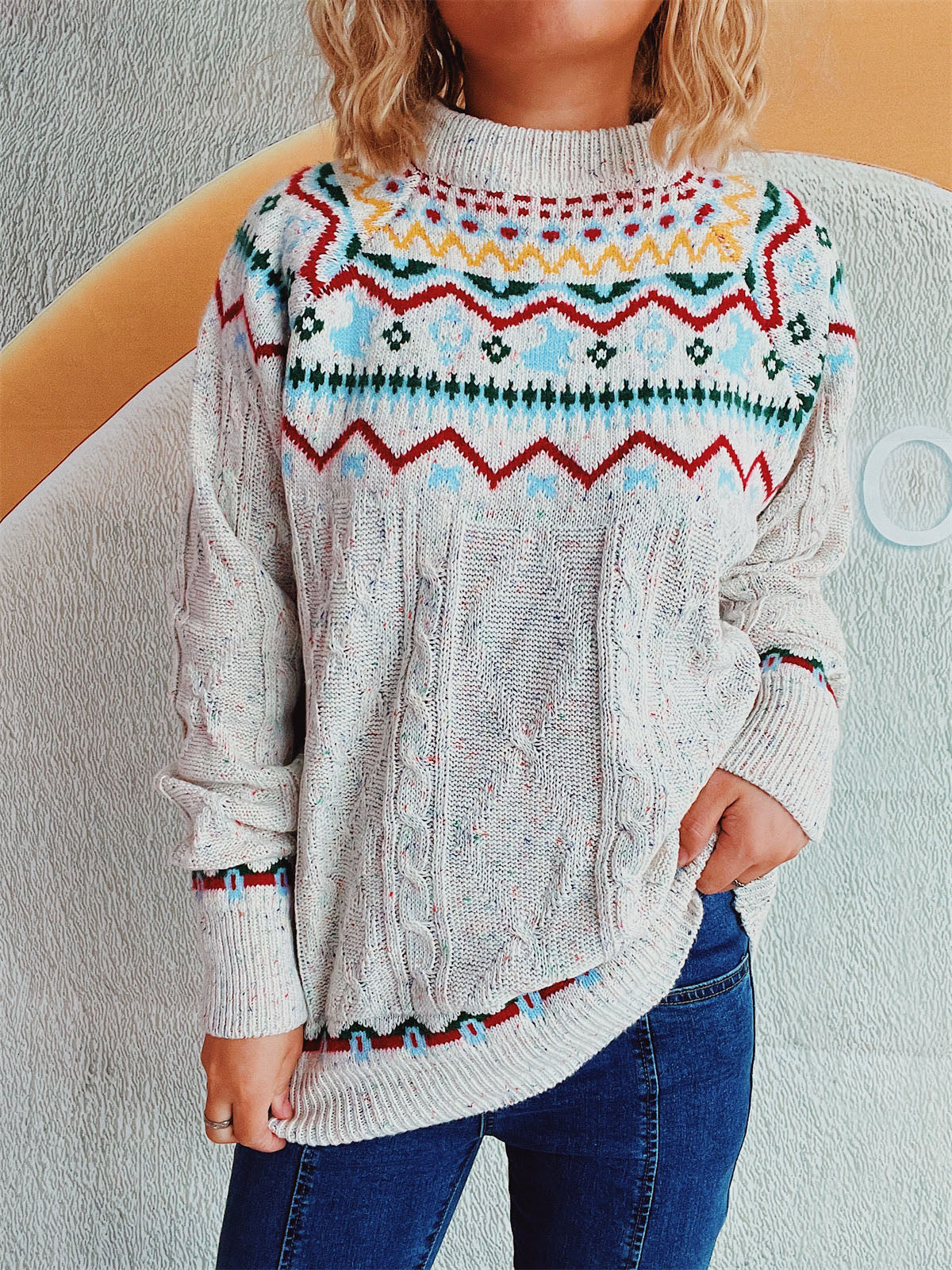 Cable-Knit Mock Neck Long Sleeve Sweater - T - 2 COLORS -