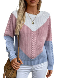 Thumbnail for Color Block Round Neck Long Sleeve Sweater - T - 2 COLORS -