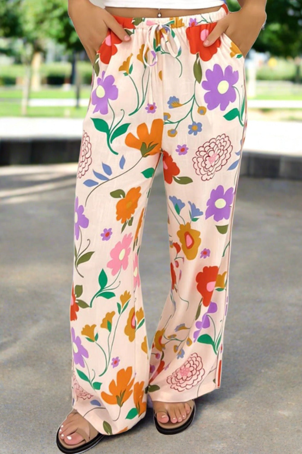 Drawstring Printed Pants with Pockets - T - 1 COLOR -