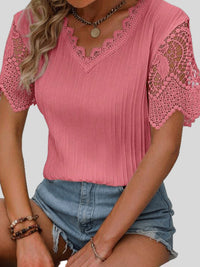 Thumbnail for Lace Detail V-Neck Short Sleeve Blouse - T - 4 COLORS -