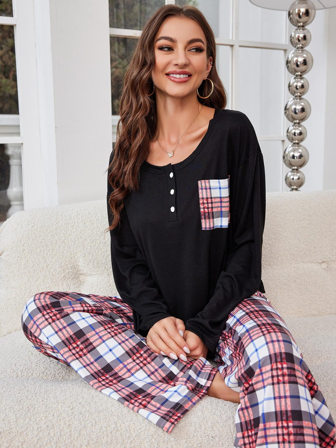 Round Neck Long Sleeve Top and Plaid Pants Lounge Set - 2 PCS. - T - 1 COLOR -