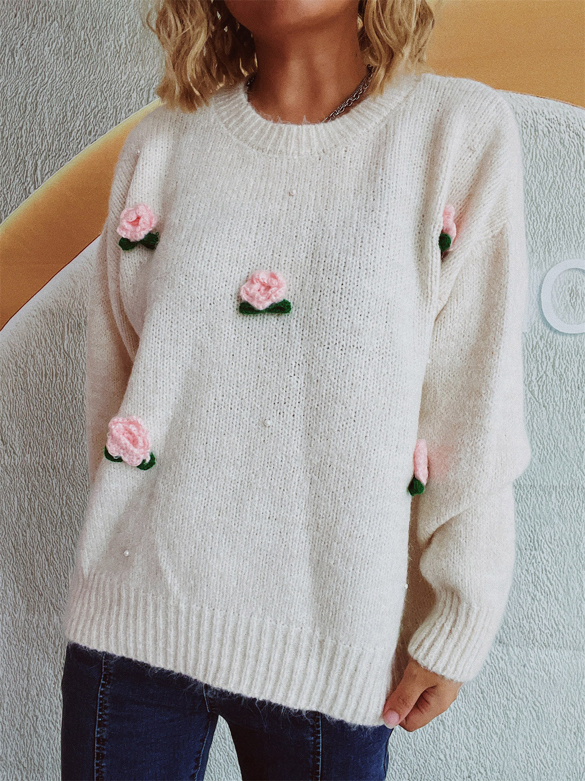 Flower Round Neck Long Sleeve Sweater - 1 OVERSIZE - T - 2 COLORS -