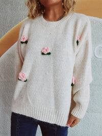 Thumbnail for Flower Round Neck Long Sleeve Sweater - 1 OVERSIZE - T - 2 COLORS -