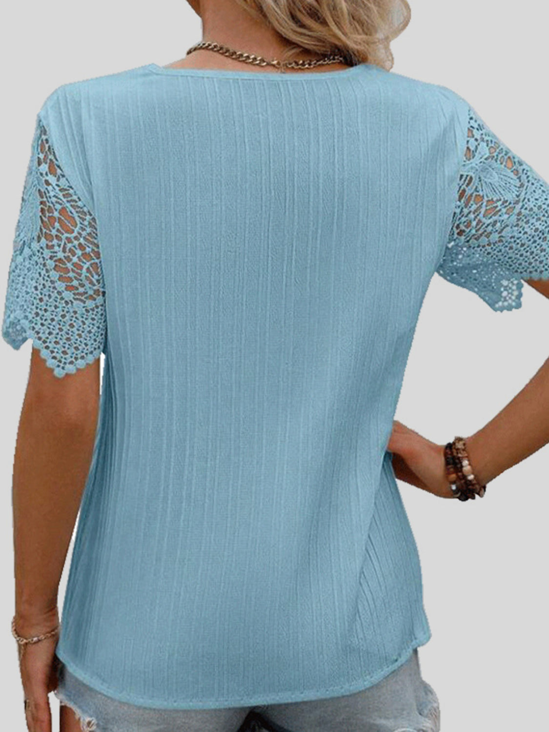 Lace Detail V-Neck Short Sleeve Blouse - T - 4 COLORS -