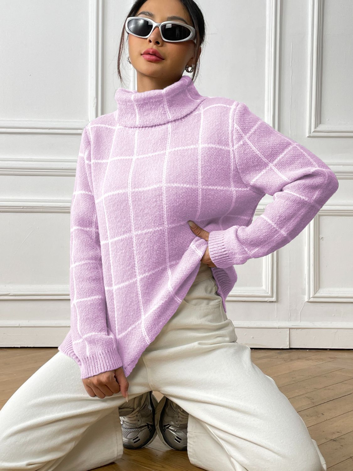 Plaid Turtleneck Long Sleeve Sweater - T - 3 COLORS -