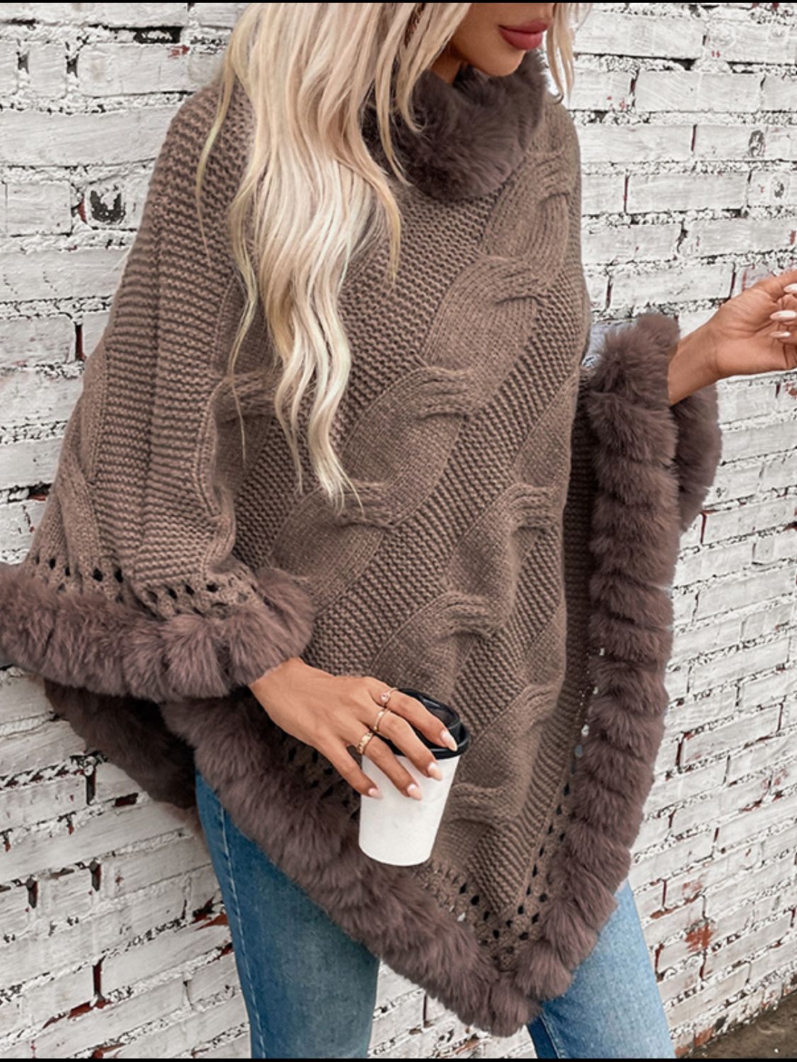 Fuzzy Hem Cable-Knit Poncho - 1 SIZE - T - 6 COLORS -