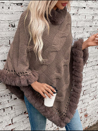 Thumbnail for Fuzzy Hem Cable-Knit Poncho - 1 SIZE - T - 6 COLORS -