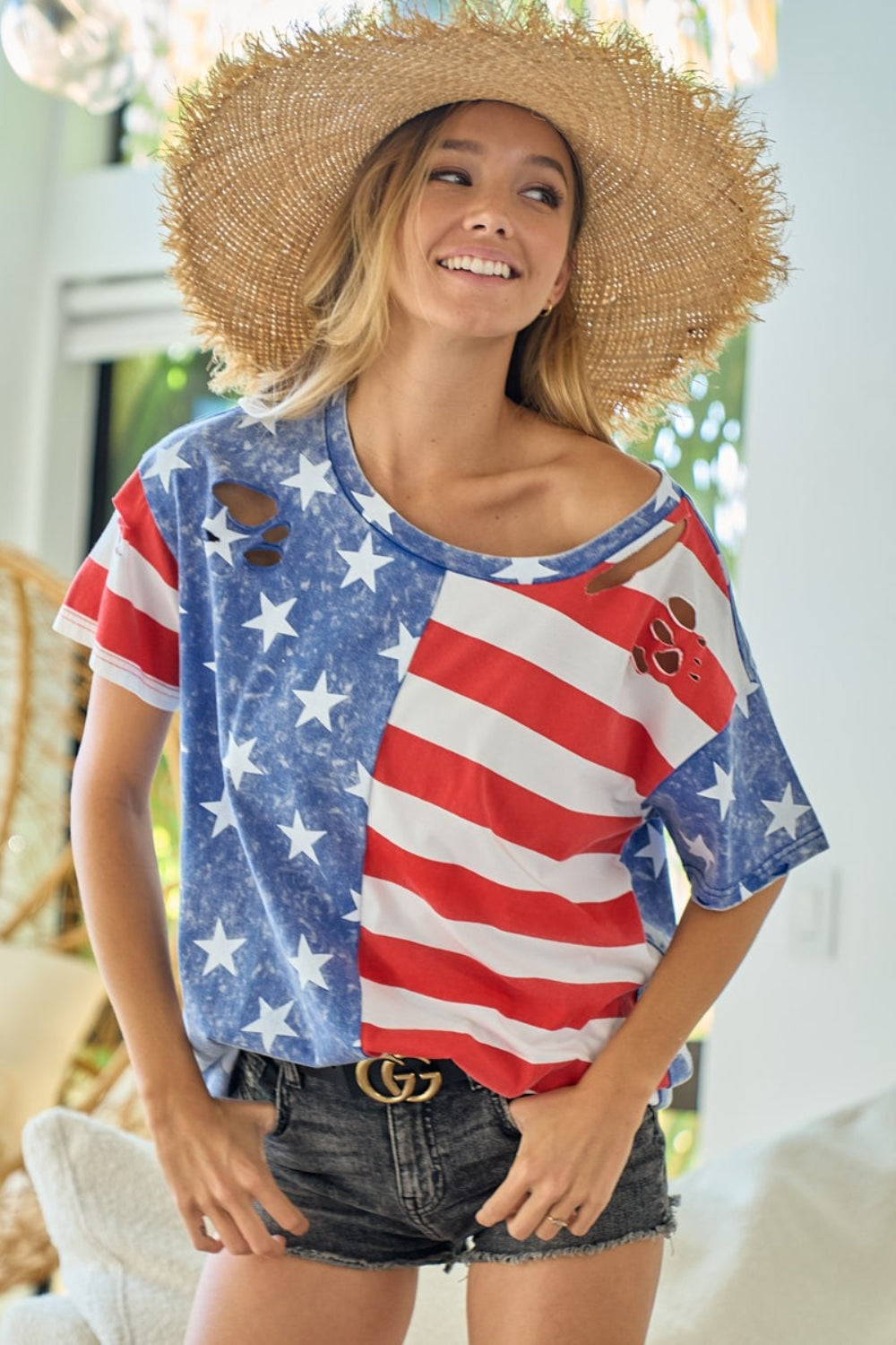 BiBi American Flag Theme Short Sleeve T-Shirt - T - 1 COLOR -