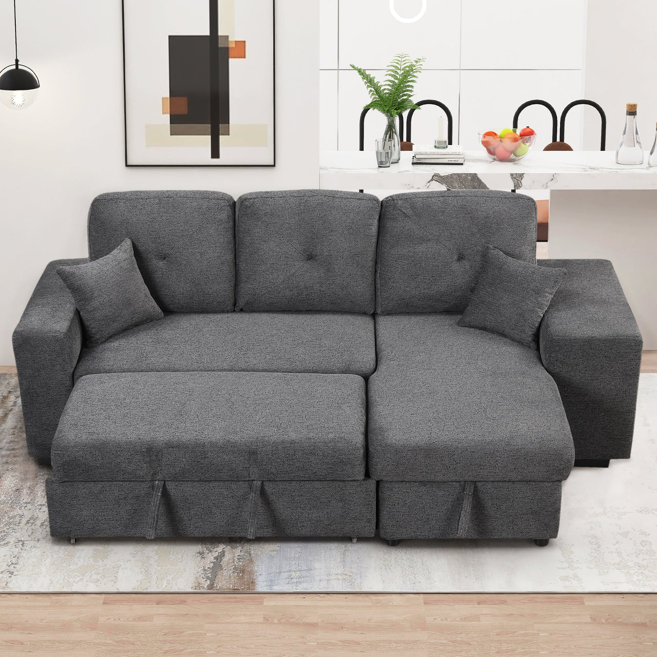 Reversible Sleeper Sectional Sofa Bed With Side Shelf and 2 Stools,Pull-Out L-Shaped Sofa Bed,Corner Sofa-Bed With Stora