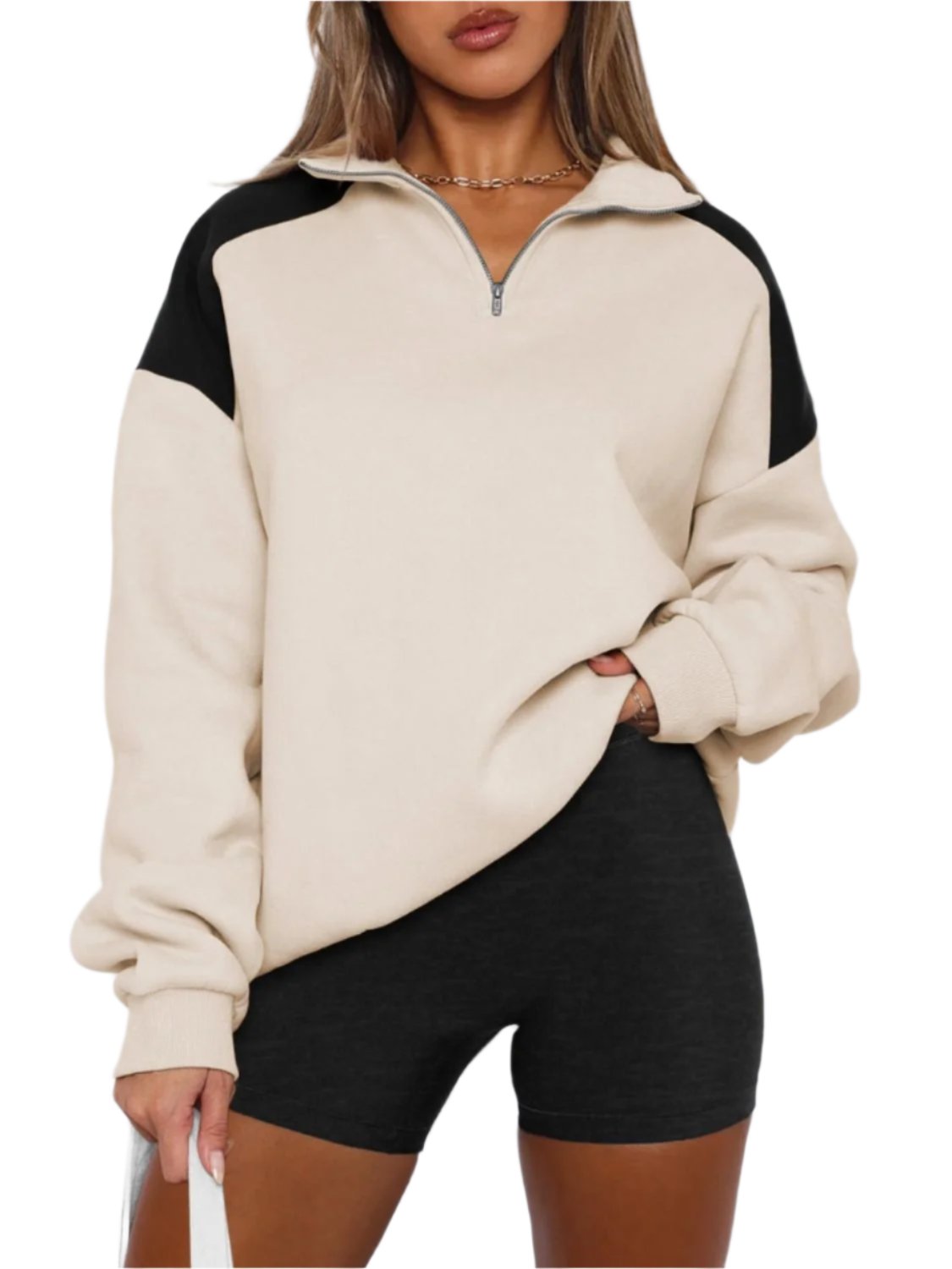 Contrast Quarter Zip Long Sleeve Sweatshirt - T - 4 COLORS -