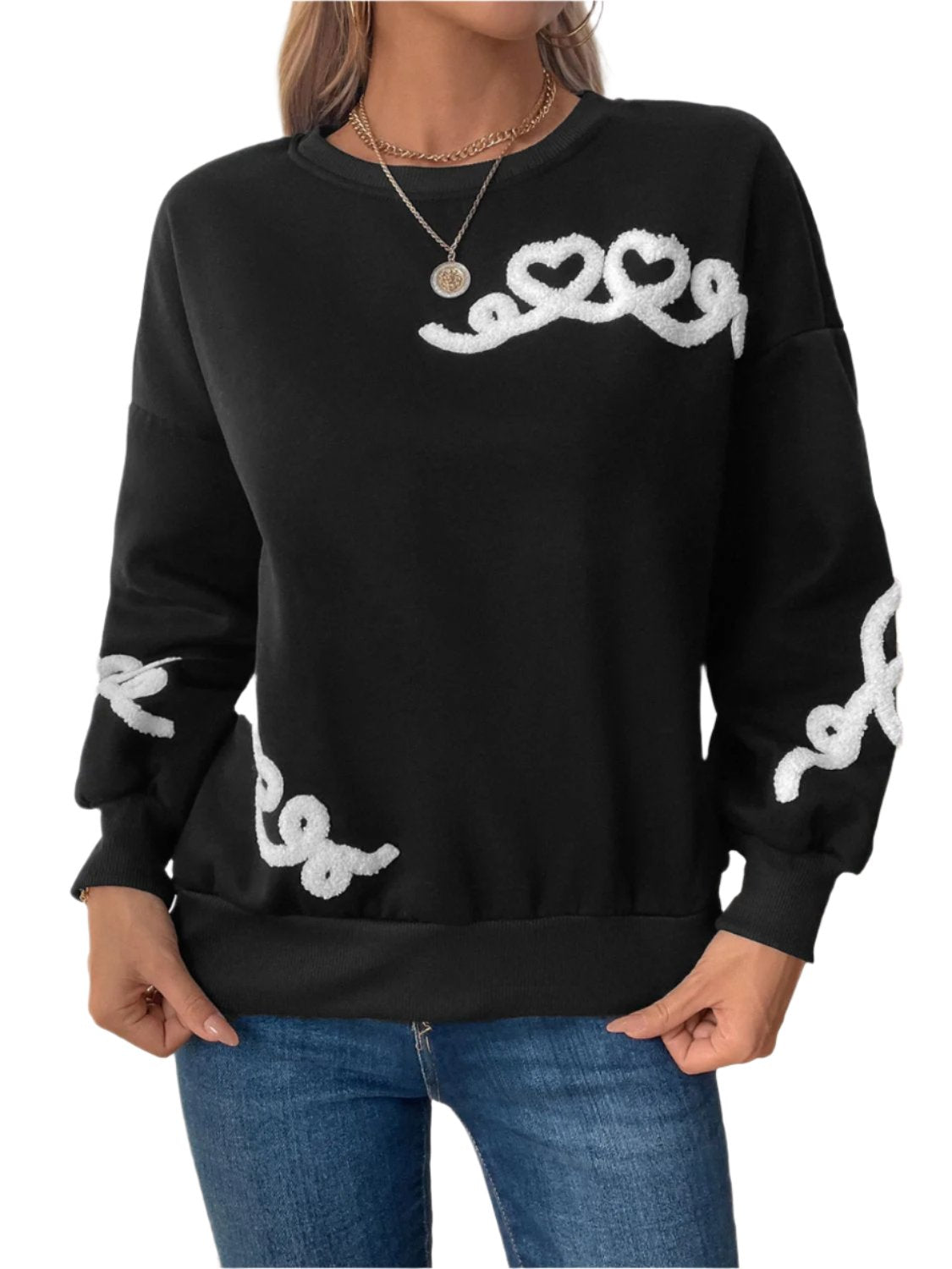 Perfee Heart Round Neck Long Sleeve Sweater - T - 1 COLOR -