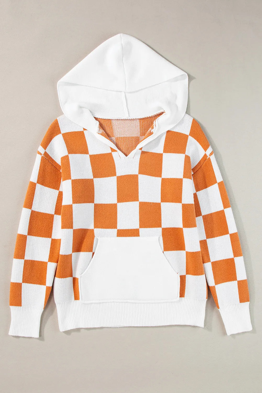 Checkered Long Sleeve Hooded Sweater - T - 1 COLOR -