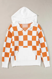 Thumbnail for Checkered Long Sleeve Hooded Sweater - T - 1 COLOR -