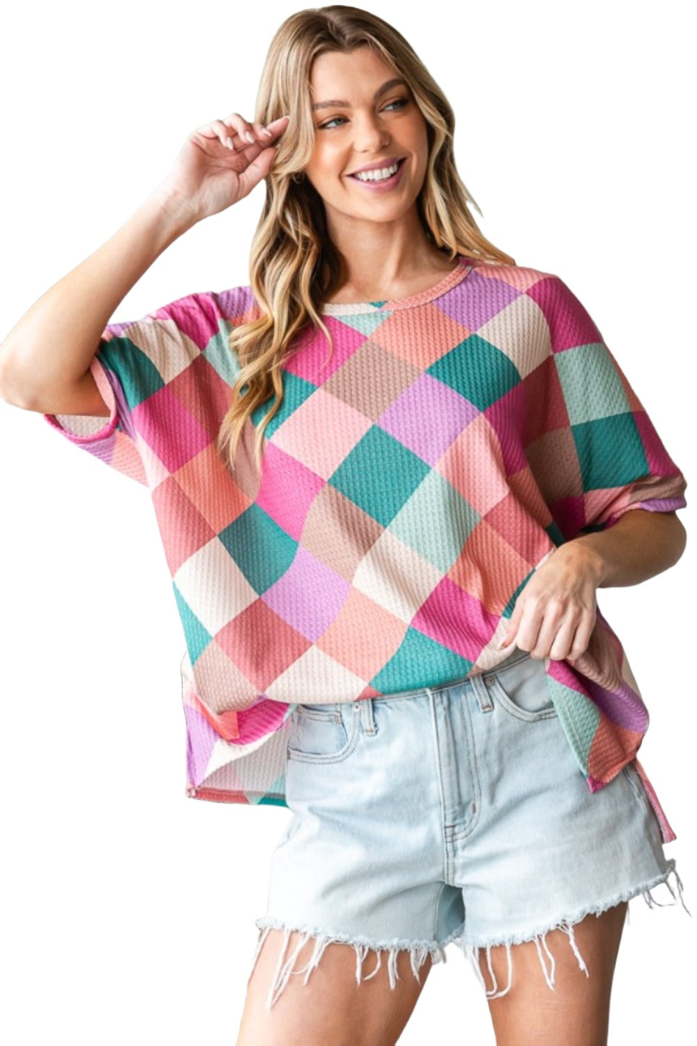 HOPELY Full Size Multi Colored Argyle Side Slit T-Shirt - T - 1 COLOR -