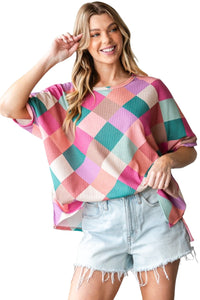 Thumbnail for HOPELY Full Size Multi Colored Argyle Side Slit T-Shirt - T - 1 COLOR -