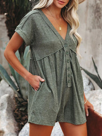 Thumbnail for Exposed Seam V-Neck Short Sleeve Romper - T - 2 COLORS -