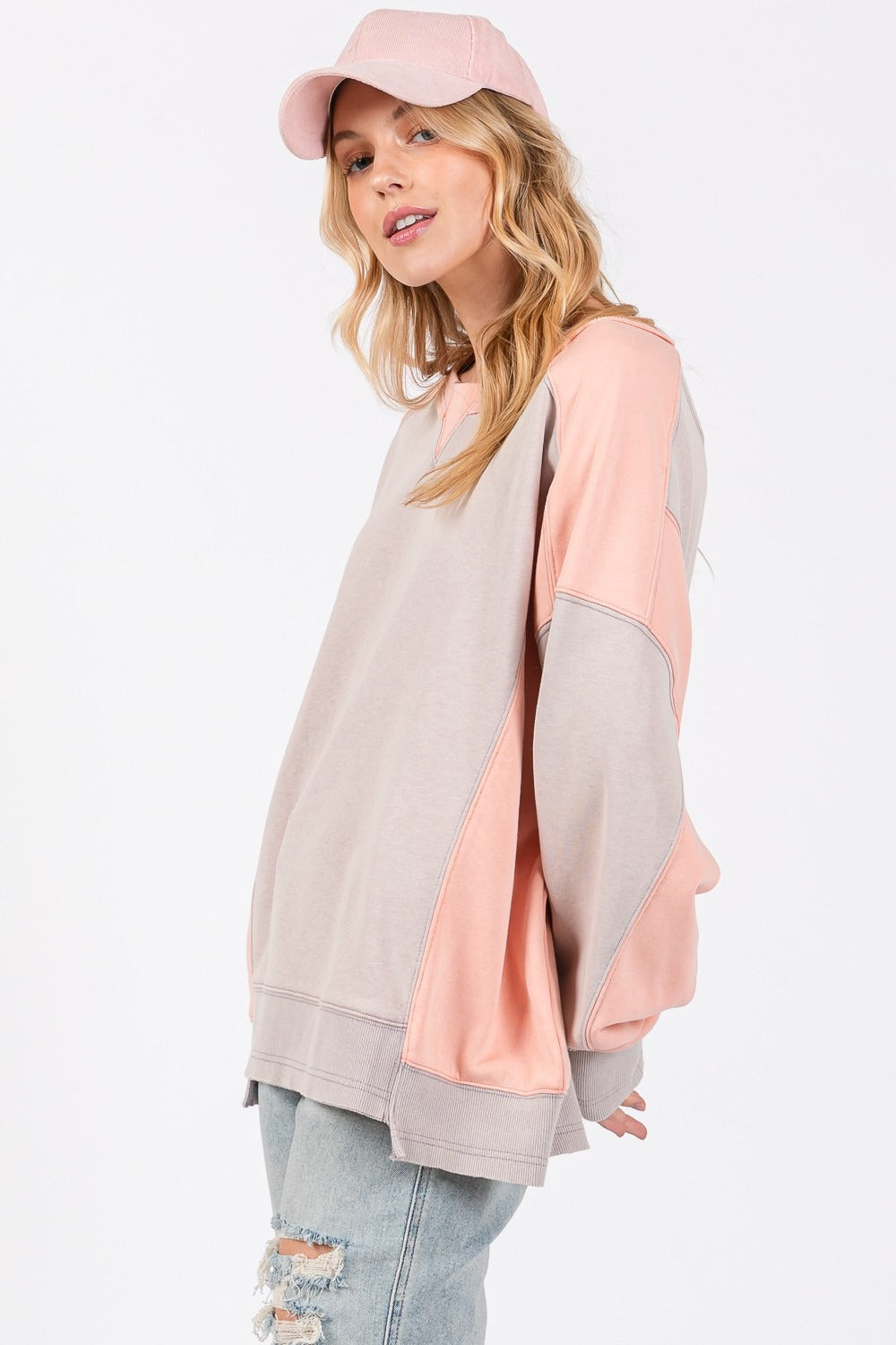 SAGE + FIG Color Block Round Neck Sweatshirt - T - 1 COLOR -