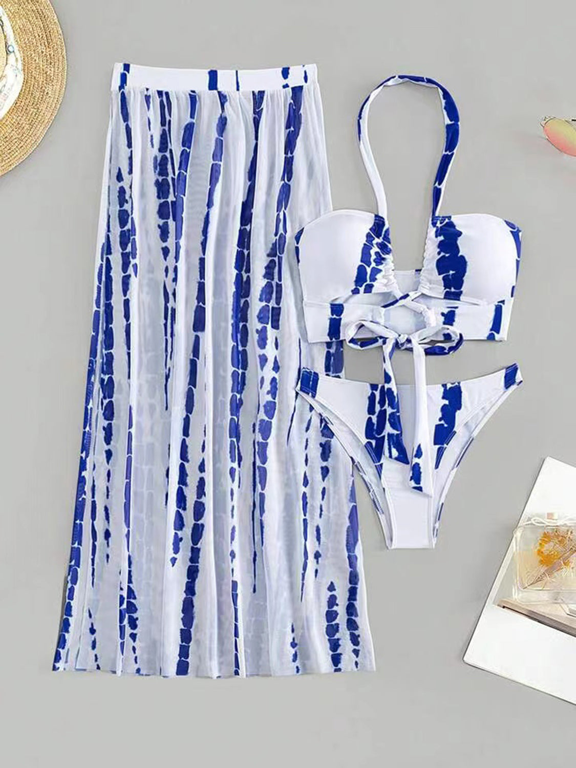 Printed Halter Neck Three-Piece Swim Set - 3 PCS. - T - 6 COLORS -