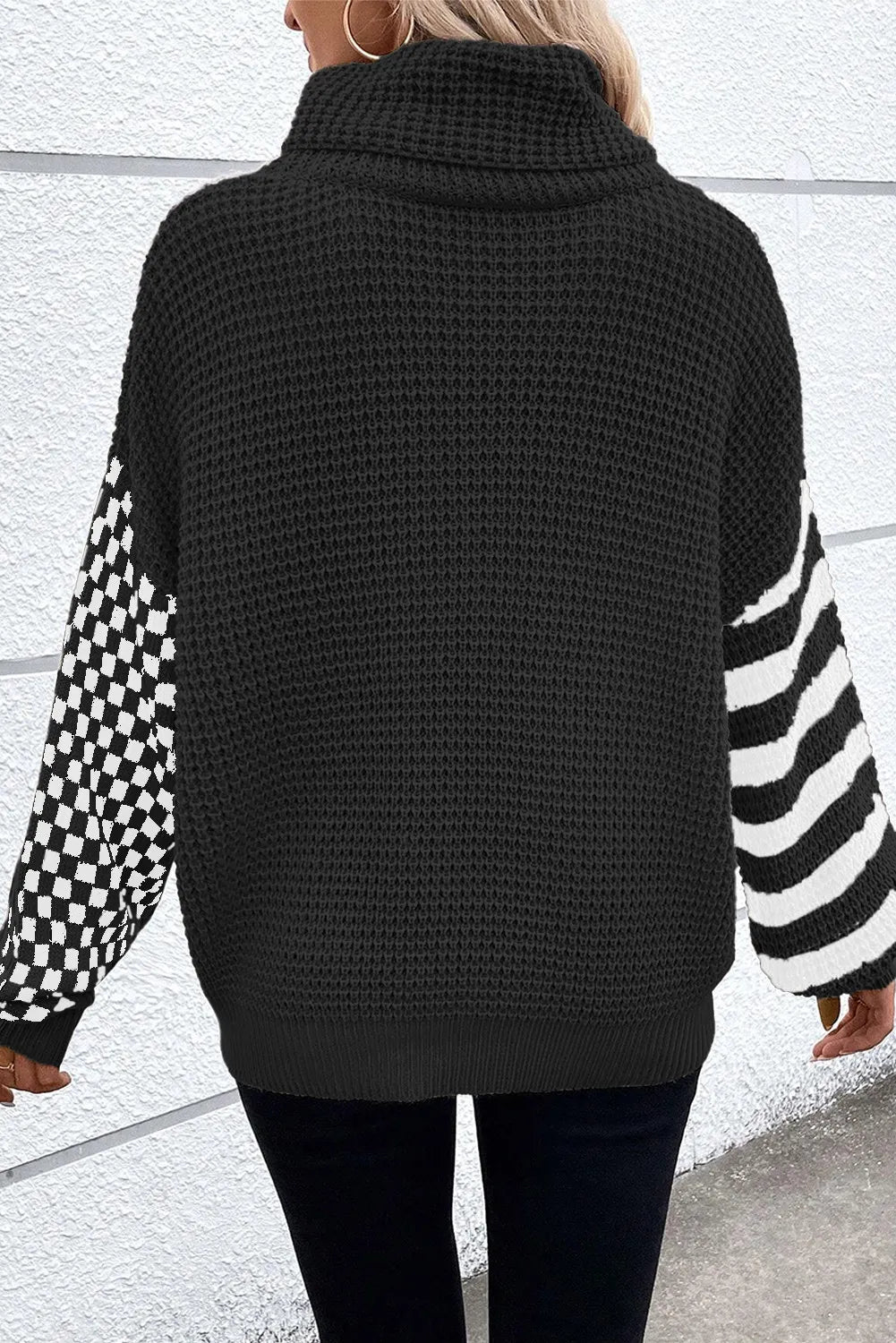 Checkered Striped Turtleneck Long Sleeve Sweater - T - 2 COLORS -