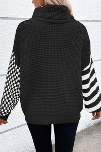 Thumbnail for Checkered Striped Turtleneck Long Sleeve Sweater - T - 2 COLORS -