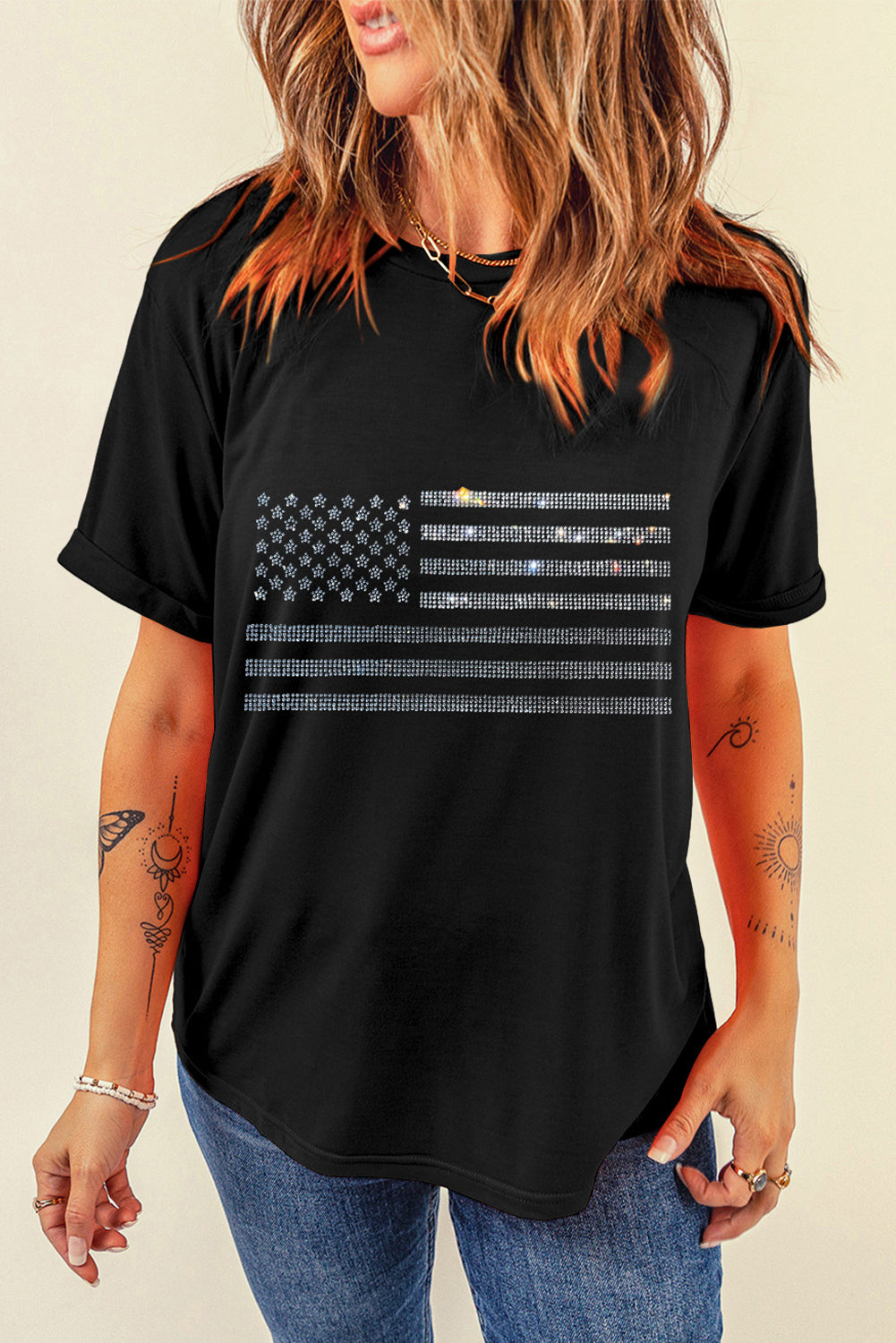 Rhinestone print US Flag Round Neck Short Sleeve T-Shirt - T - 1 COLOR -