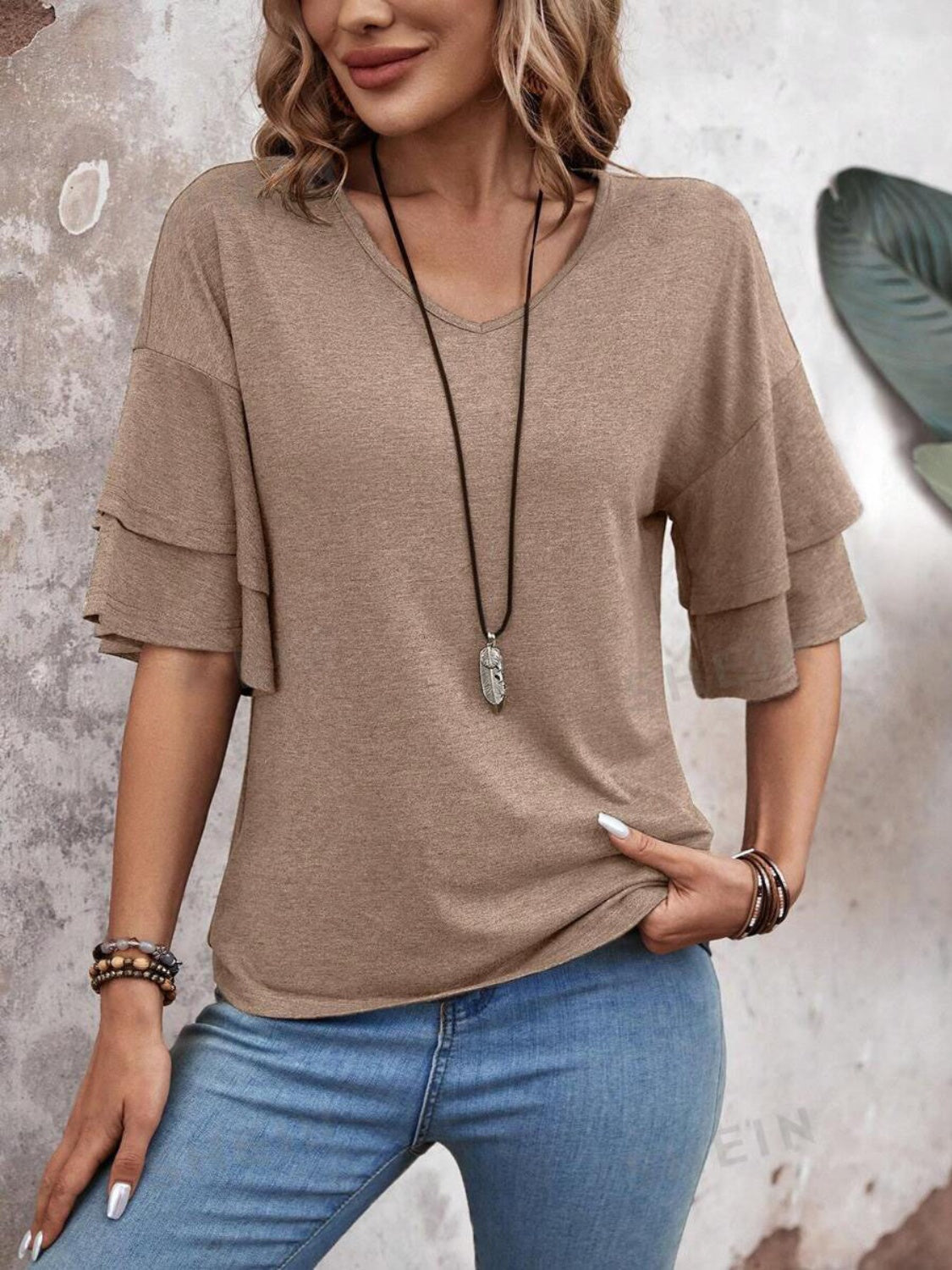 V-Neck Half Sleeve Blouse - T - 5 COLORS -